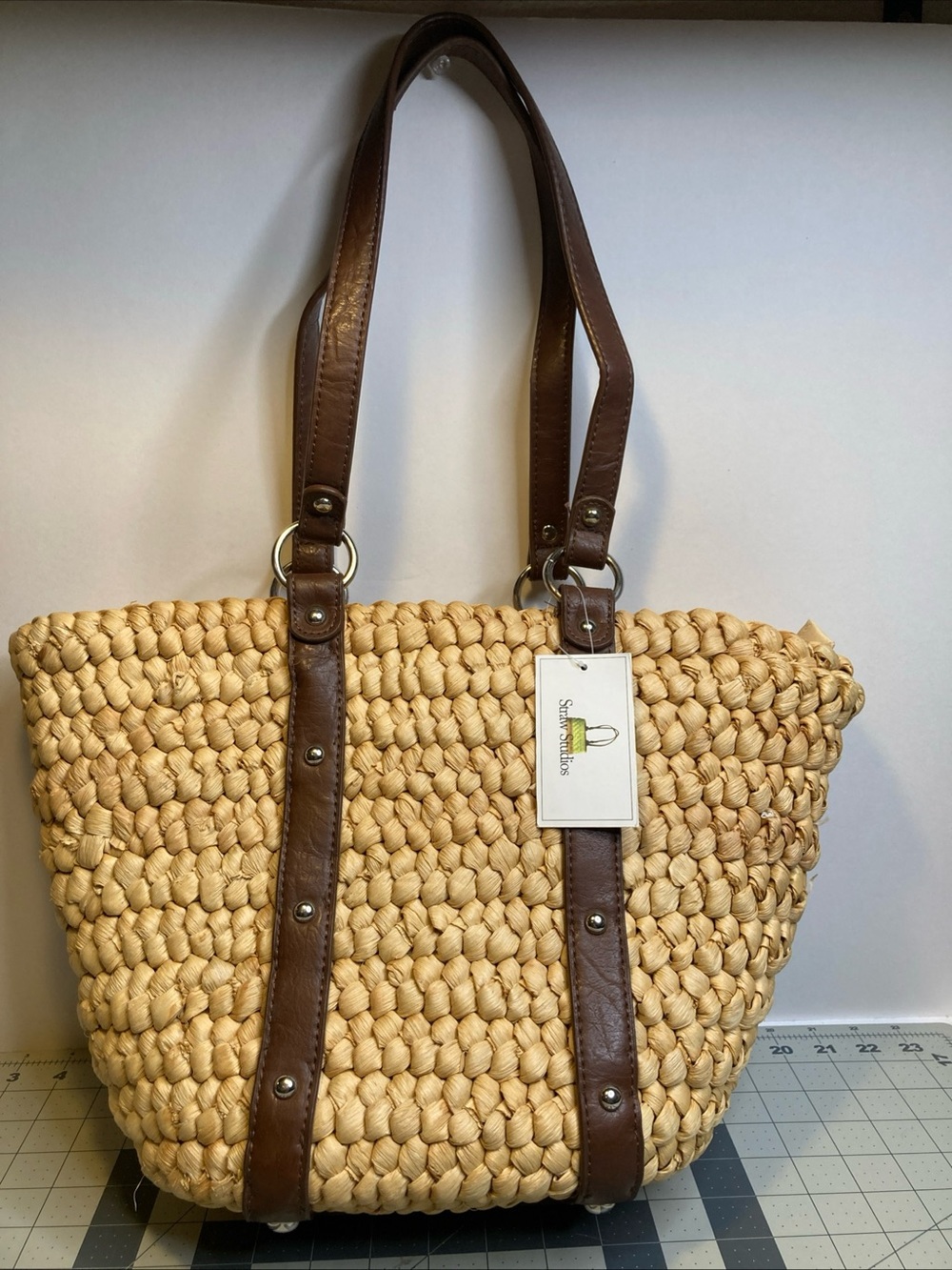 Straw Studios Woven Raffia Tote Handbag Purse Boho Beach Bag Natural 16”x12”